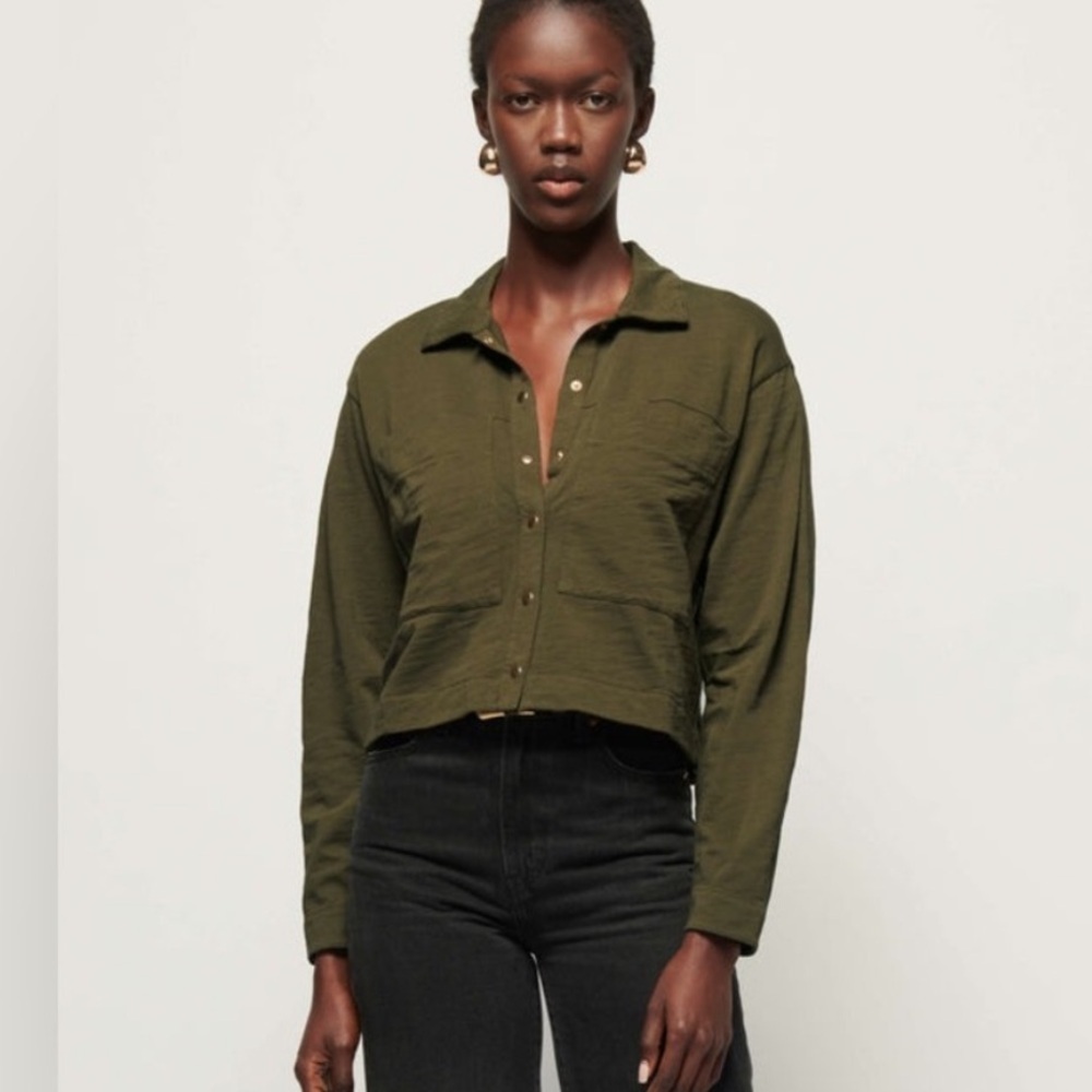 Nation LTD Fritzie Cropped Snap Button Down Shirt Ozark Green NWT